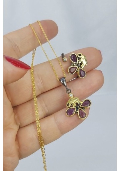 925 Ayar Yakut Taşlı Yüzük Kolye 2Li Gümüş Set