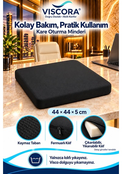 Visco Kare Oturma Minderi Ofis Koltuğu, Sandalye Ve Ev İçin Kaymaz Minder 44 44 5 Cm