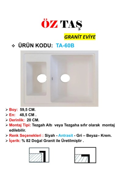 Öztaş TA-60b Granit Mutfak Eviye Beyaz Tek Gözlü 485 x 595 MM