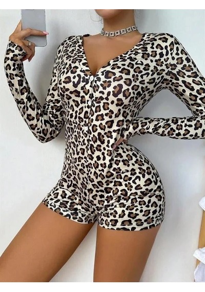 Go İthalat Kadın Şık Tasarım Pamuklu Leopar Desenli Düğmeli Uzun Kol Tulum Pijama