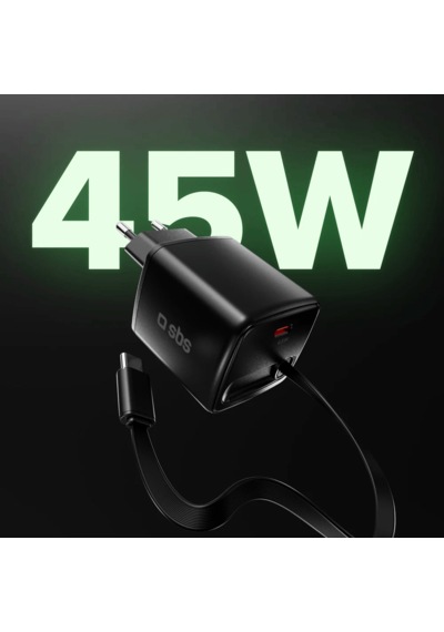 Sbs 45w Gan Usb-c Hızlı Şarj Adaptörü Pd Entegre 75 Cm Geri Sarılabilir Usb-c Kablo Ek Usb-c Çıkış Çift Cihaz Şarj