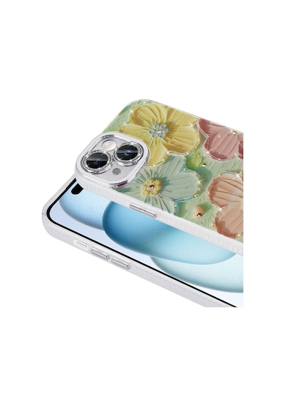 Apple Uyumlu iPhone 14 Kılıf Çiçek Desenli Parlak Taşlı Sert Silikon Tchs Garden Kapak - Mavi Mavi