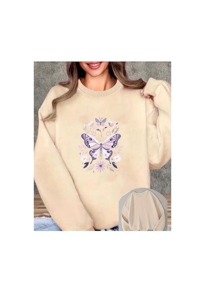 Herkesemoda Mor Kelebekler Baskı Detaylı Bisiklet Yaka Sweatshirt Bej