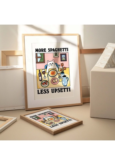Daha Fazla Spagetti Daha Az Pişmanlık Kedi Baskısı, Retro Lokanta Posteri, Bistro Yemek Makarna Posterleri