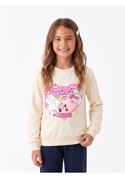 Onloox Kız Çocuk Krem Kız Çocuk Krem Pamuklu Bisiklet Yaka Uzun Kollu Regular Kalp Baskılı Sweatshirt 2-4 Yaş
