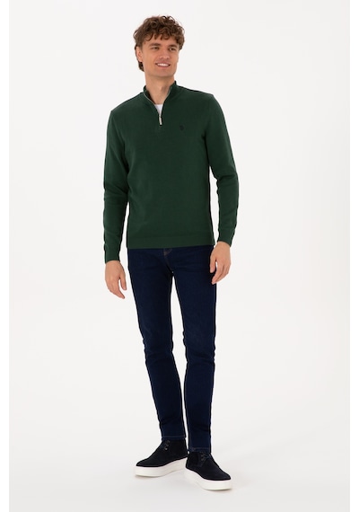 U.S. Polo Assn. Erkek Slim Fit Yarım Fermuarlı Koyu Yeşil Basic Kazak 50313695-VR079