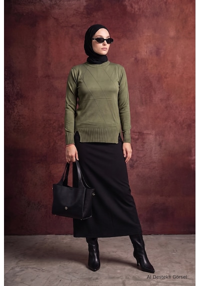 Armine Trend Geometrik Desenli Bisiklet Yaka Uzun Kollu Yan Yırtmaçlı Tunik Haki 26ktd415