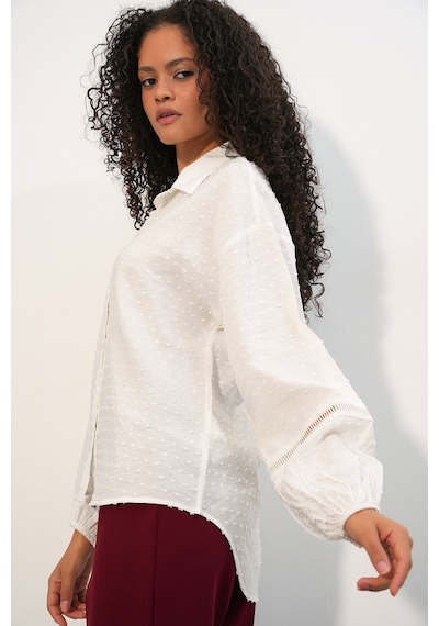 Bigdart Kadın Oversize Desenli Gömlek 20379 - Beyaz