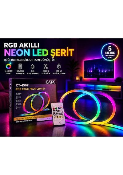 Cata Ct-4567 Rgb Akıllı Neon Led Şerit 5 Metre Kumandalı Renk Değiştiren Ip65 Suya Dayanıklı Led Işık 5 Metre Rengarenk