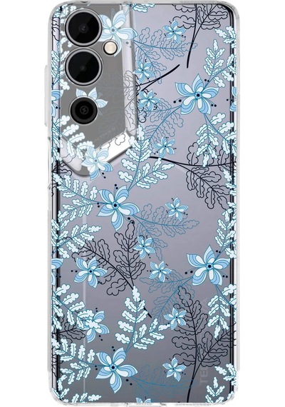Tecno Pova Neo 2 Uyumlu Kamera Korumalı Floral Mavi Tasarımlı Şeffaf Silikon Kılıf Şeffaf