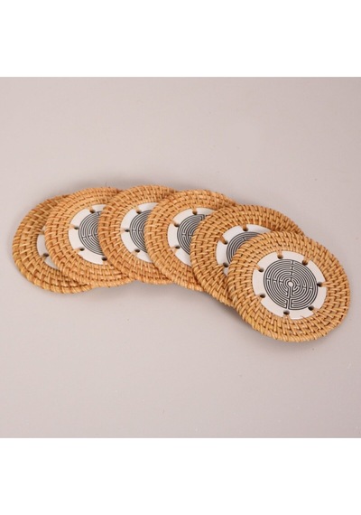 Labirent 6'lı Doğal Rattan Ve El Yapımı Seramikli Bardak Altlığı Diğer
