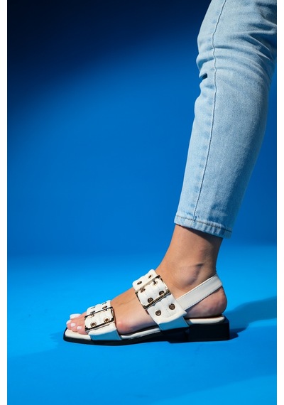 Luvishoes Blob Ekru Cilt Tokalı Kadın Sandalet Ekru
