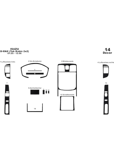 Isuzu D Max Tek Kabin 2x2 Konsol-torpido Kaplama 2005-2006 14 Parça-siyah Karbon Siyah Karbon