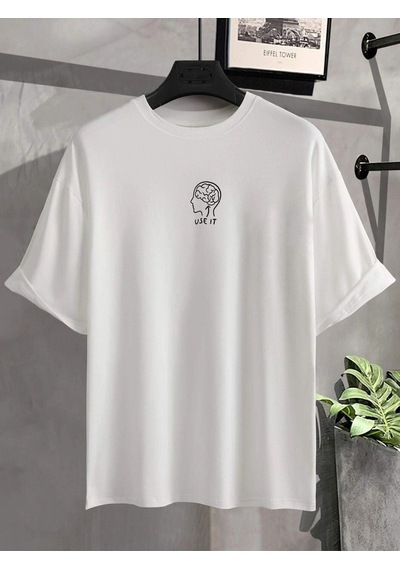 Unisex Beyaz Oversize Use It Brain Baskılı Örme T-shirt Beyaz