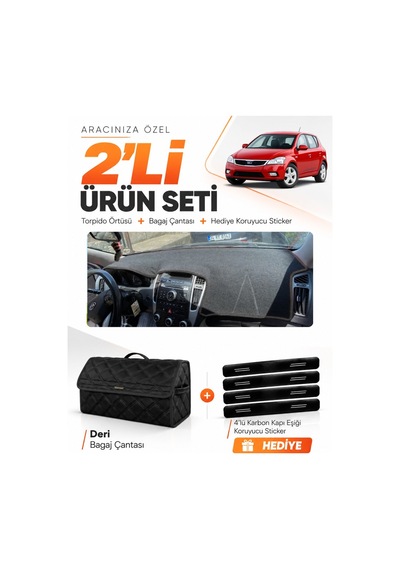 Kia Ceed 2006-2012 Uyumlu Torpido Örtüsü + Deri Bagaj Çantası + Sticker Seti - Siyah
