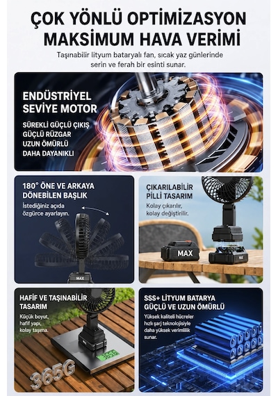 Şarjlı Taşınabilir Vantilatör 8 Saat Kullanım Turbo Şarjlı Şarj Göstergeli 5 Kademeli Outdoor Kullanımı