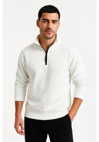 Novalisse Erkek Dik Yaka Yarım Fermuarlı 3 İplik Pamuklu Sweatshirt - Beyaz Çoklu Renk