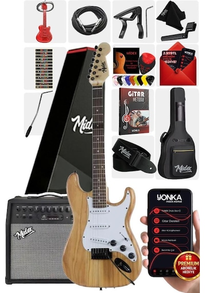 Midex Rph-320wd-50amp Ahşap Renk Strat Kasa Sss 50w Amfili Elektro Gitar Seti