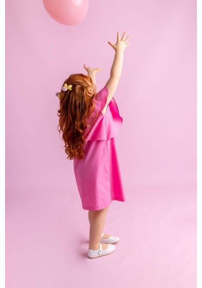 Oliventhekid Volanlı Poplin Kolsuz Ensesi Düğmeli Kız Çocuk Elbise Pembe Pembe