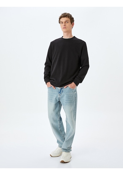 Koton Pamuk Karışımlı Dokulu Basic Bisiklet Yaka Sweatshirt Siyah 5wam70247mk Siyah