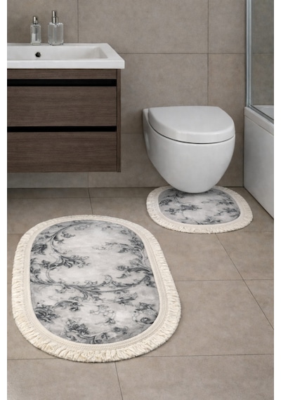 Kaymaz Tabanlı 2 Li Banyo Paspas Seti Yıkanabilir, Su Emici, Toz & Leke Tutmaz Oval Klozet Takımı Kahverengi - Beyaz