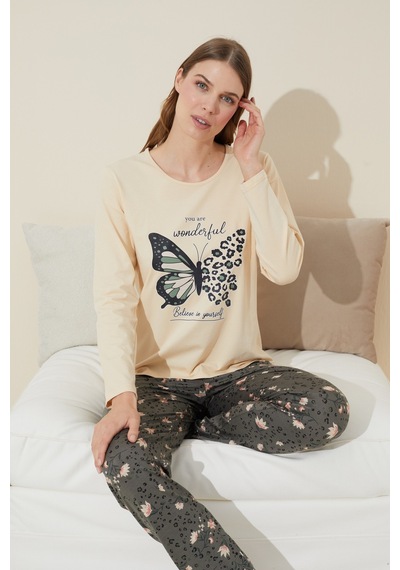 Siyah İnci Pamuklu Örme Pijama Takım 24240114 Krem