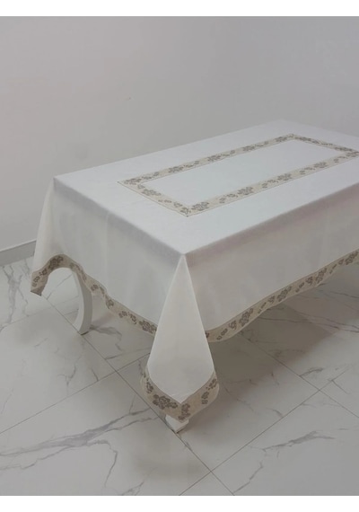 Nergis Jakar Bordürlü Keten Kumaş Krem Masa Örtüsü 160x230 Cm - 1136 Çok Renkli