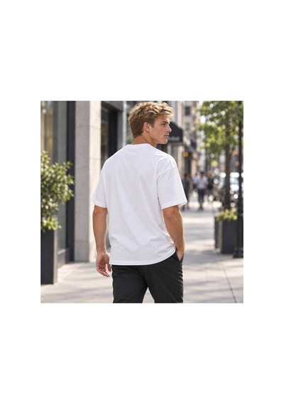 Genel Markalar Unisex Yarım Oversize Bisiklet Yaka Pamuklu Baskılı Tişört Beyaz