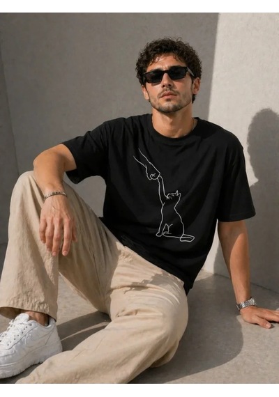 Veraura Lifestyle Erkek Minimal Kedi Çizim Baskılı Tişört Kısa Kol Yazlık T-shirt - Siyah