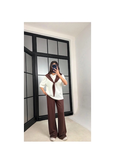 Miss Beyoğlu Kadın Şal Detaylı Basic Tshirt Beli Lastikli Pantolon İkili Eşofman Takımı Kahverengi