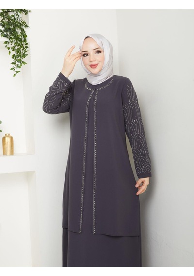 Eslemnur Kolları Taşlı Büyük Beden Anne Elbisesi Füme