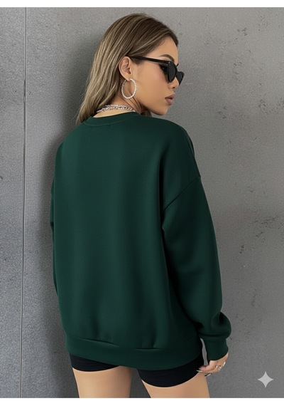 Uyguntarz Unisex Papatya Kelebek Baskılı Tasarım Oversize Bisiklet Yaka Sweatshirt Yeşil