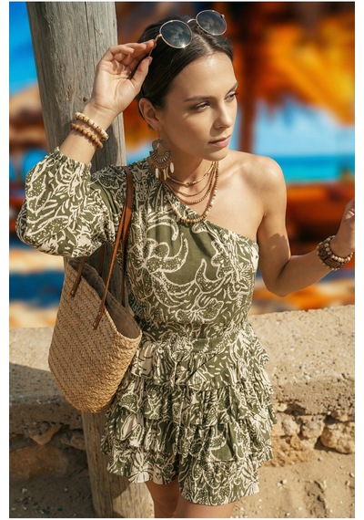 Fashion Cocktail Safari Tek Omuz Etnik Dokulu Hareketli Katlı Tatil Yaz Şifon Desenli Chic Bohem Mini Elbise Haki Fashion Cocktail Safari Tek Omuz Etnik Dokulu Hareketli Katlı Tatil Yaz Şifon Desenli Chic Bohem Mini Elbise Haki