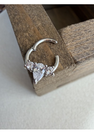 %100 316 L Cerrahi Çelik Markiz Badem Zirkon Taşlı Kilitli Halka Piercing Gümüş