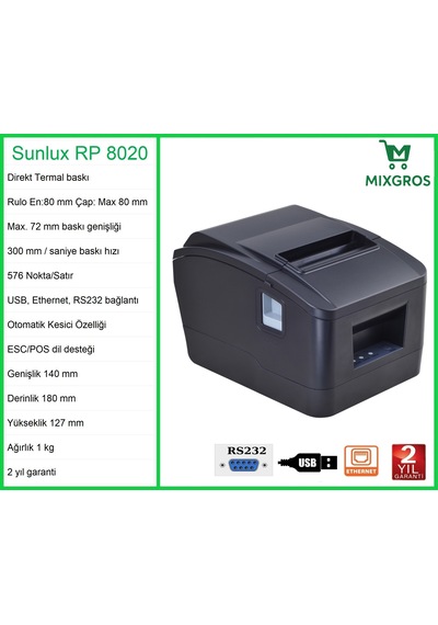 Sunlux Rp8020 Termal Adisyon Fiş Rulosu Yazıcısı