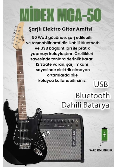 Midex Rph30bk-50amp Black Elektro Gitar Seti 50 Watt Bluetooth