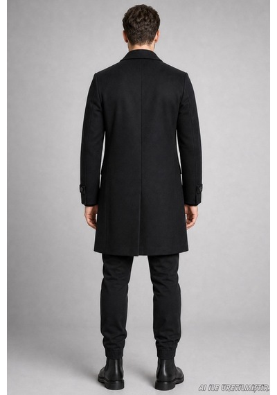 Freemen Erkek Slim Fit Klasik Yaka 3 Düğmeli Uzun Kaşe Kaban-425 Siyah