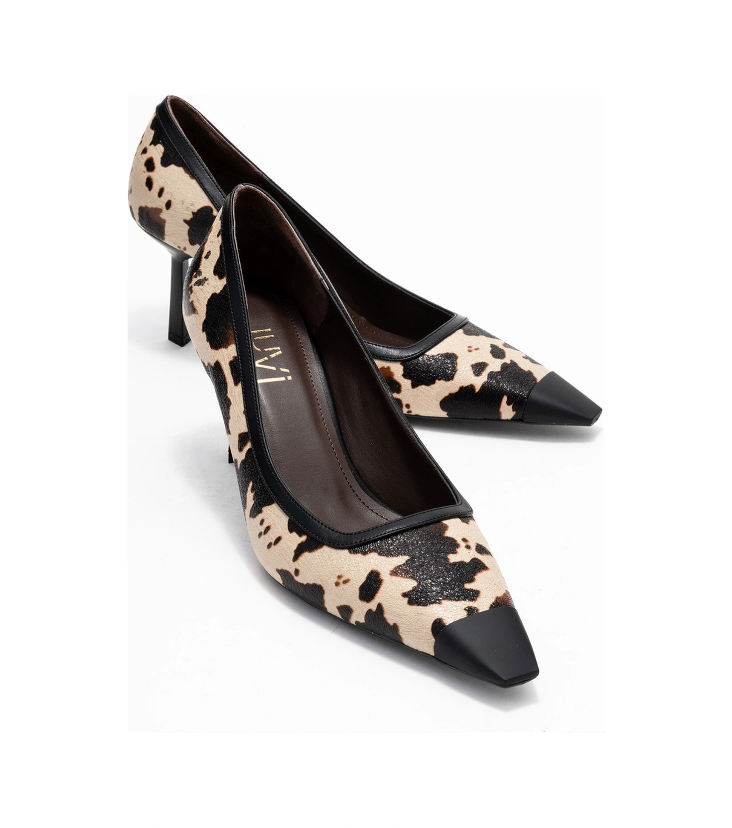 Luvishoes Luvi Shoes Rona Siyah Bej Desenli Mat Burunlu Kadın Topuklu Ayakkabı Bej