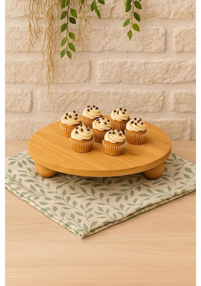 Bambu Top Ayaklı Oval Sunum Standı, Yuvarlak Sunum Tabağı 24cm Bambu