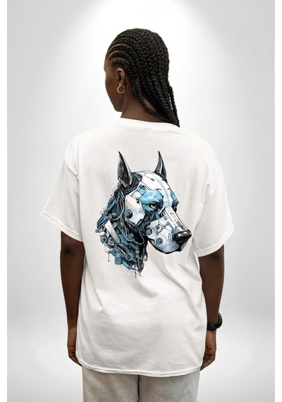 Robot Cyborg Köpek Doberman Beyaz Oversize Unisex Ön Ve Sırt Baskılı Tişört Beyaz