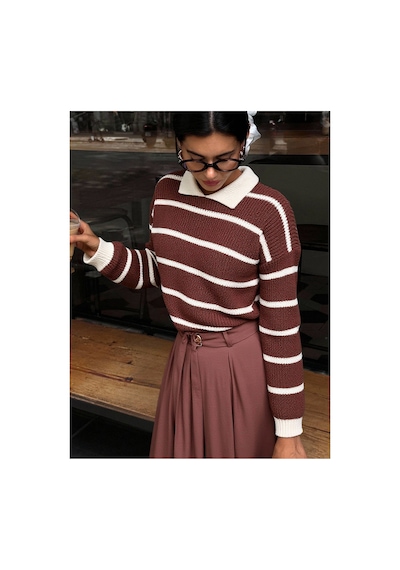 Meecy Selanik Örgü Polo Yaka Oversize Zr Model Kadın Triko Kazak Kahverengi & Bej Kahverengi & Bej Meecy Selanik Örgü Polo Yaka Oversize Zr Model Kadın Triko Kazak Kahverengi & Bej Kahverengi & Bej