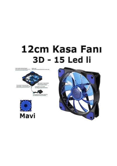 12Cm Kasa Fanı 3D 15 Led Lastik Pad Mavi Renk