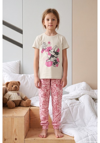 Remsa Kız Çocuk Kısa Kol Baskılı Penye Pijama Takımı 3039 Ekru