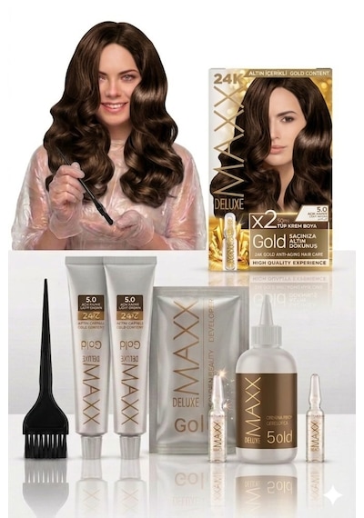Maxx Deluxe Golden Beauty Set Saç Boyası 5.0 Açık Kahve 2 'li + Fırça+pratik Boyama Kabı