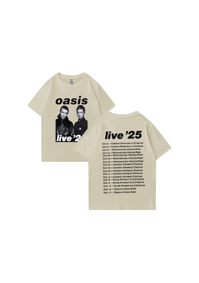 Flood Of Style Oasis Canlı 25 Tur Grafik T-shirt Adam Kadın Sıcak Satış 100% Pamuk Rahat O-boyun Kısa Kollu Bej