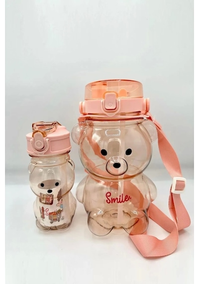2'li Smile Şeffaf Ayıcık Su Matarası 1000+400ml Çocuk Su Şişesi Pipetli Sızdırmaz Kapaklı Suluk Pembe