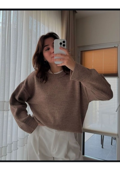 Kozia Outdoors Bisiklet Yaka Salas Oversize Triko Kazak Kahverengi