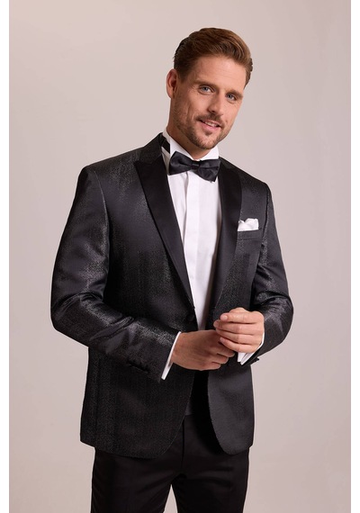 Ysf Erkek Siyah Slim Fit Kırlangıç Yaka Desenli Damatlık
