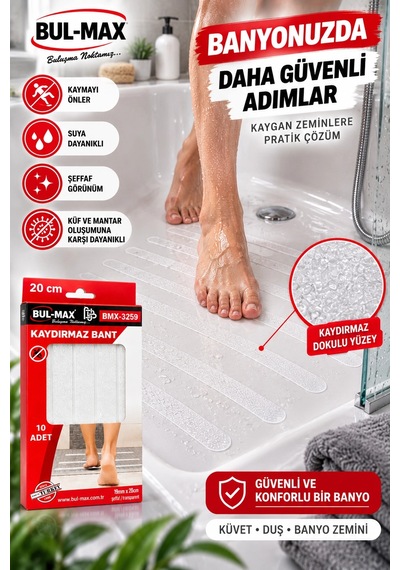 Şeffaf Kaydırmaz Bant 10 Adet 19 Mm X 20 Cm Kendinden Yapışkanlı Suya Dayanıklı Banyo Duş Küvet Band