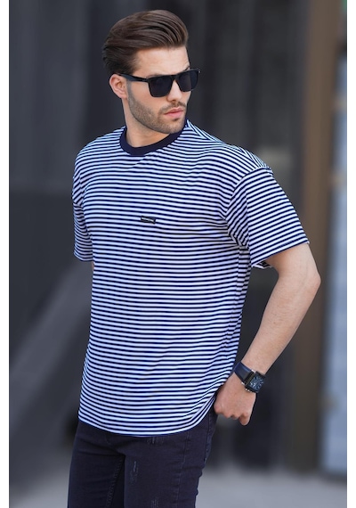 Madmext Lacivert Bisiklet Yaka Çizgili Kısa Kollu Arma Detaylı Erkek T-shirt 7031 Lacivert